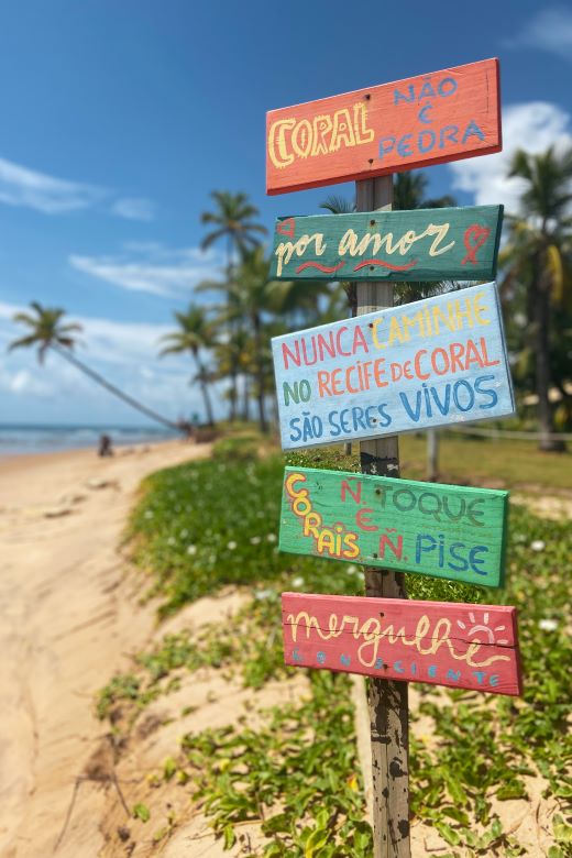 Placa sobre preservação de corais em Taipu de Fora, Maraú, Bahia