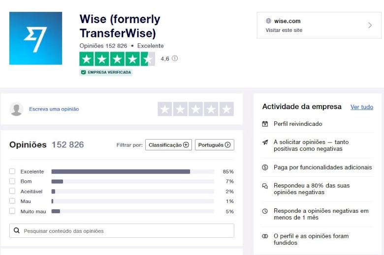Wise no site do TrustPilot